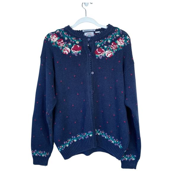 Vintage CARE ISLE KNITTERS Sweater Floral Granny Size Medium Navy Blue - Picture 1 of 7